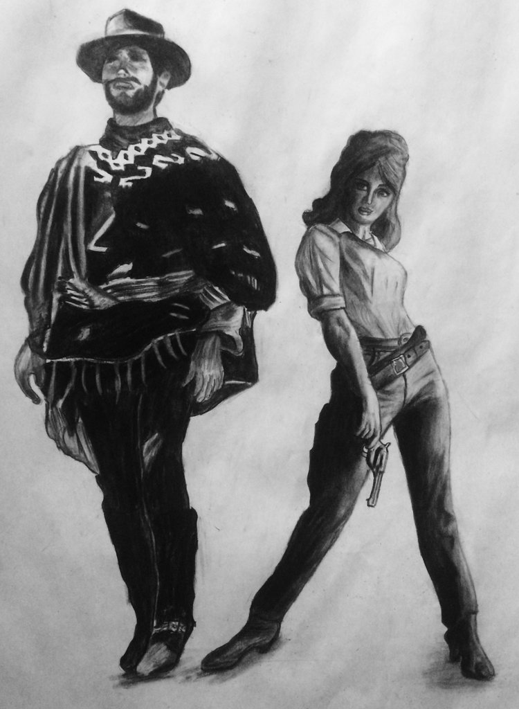 Charcoal portraits of the characters Clint Eastwood and Cat Ballou